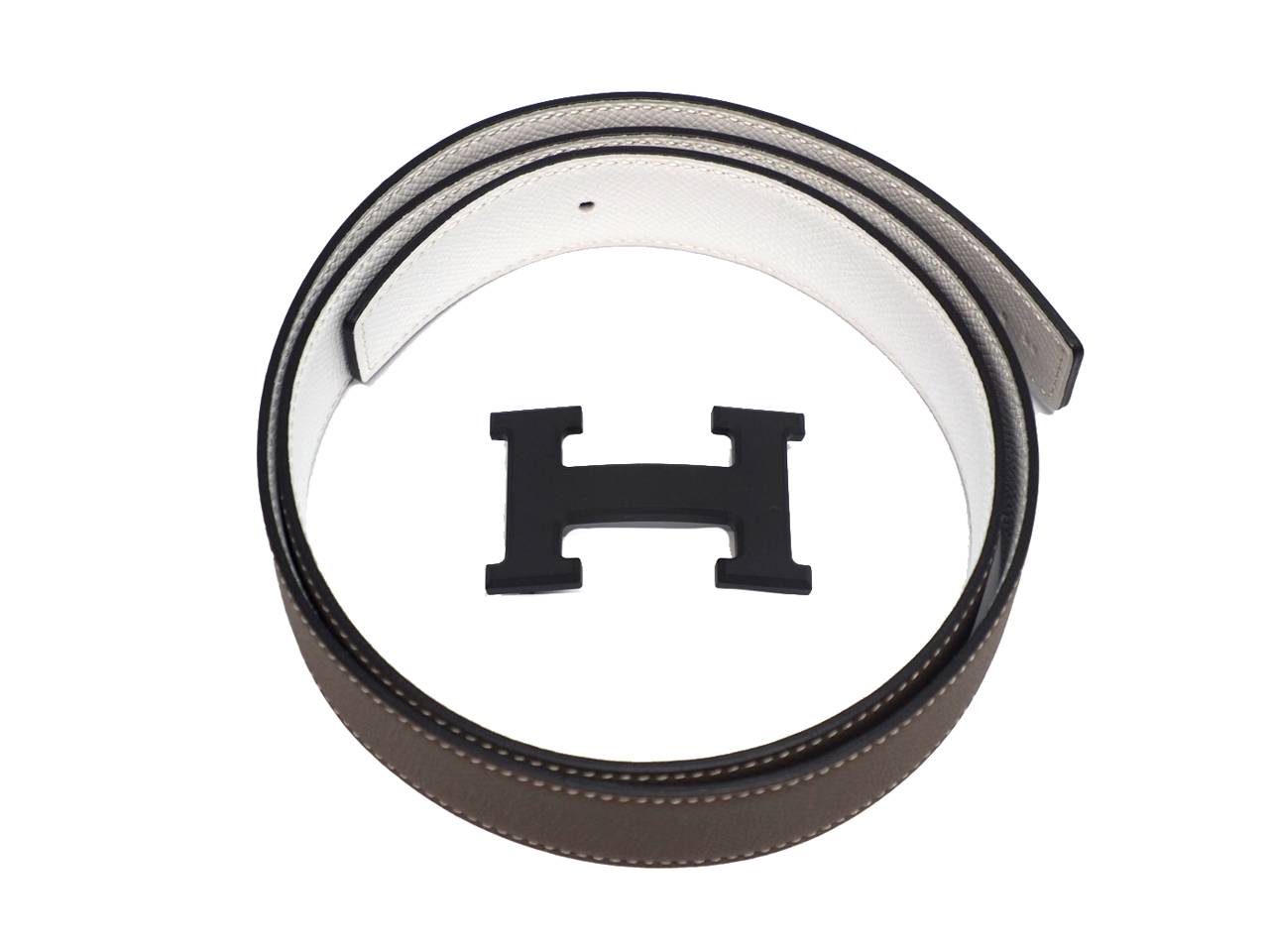 Hermes 32mm Mat Black H Buckle with Etoupe/ White Reversible Belt 85cm