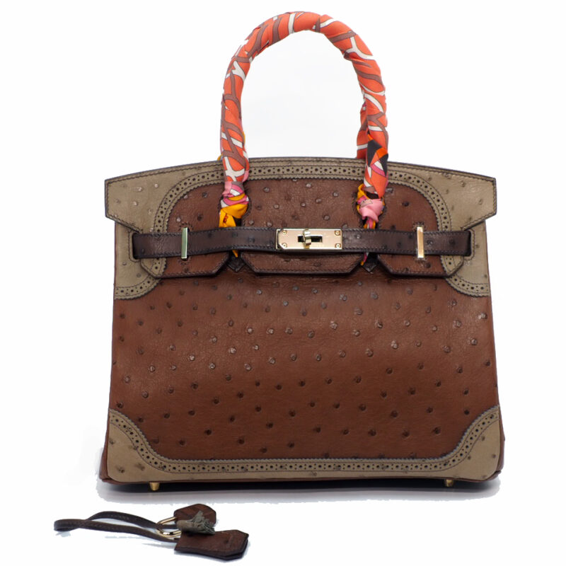 BRAND NEW ! Hermes Birkin 30 Ghillies Marron Fonce/ Etrusque/ Mousse Autruche/ Terre Cuite Ostrich Permabrass Hardware