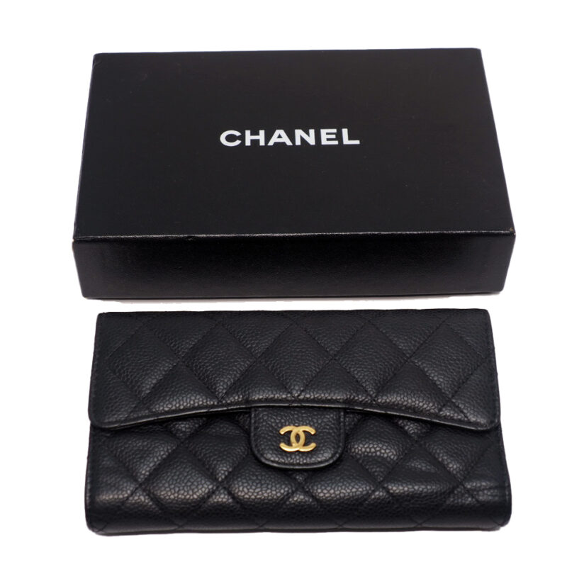 Chanel 16826545 Black Caviar A31506 Timeless Classic Flap Long Wallet 6 Cards Bi-fold Gold Hardware