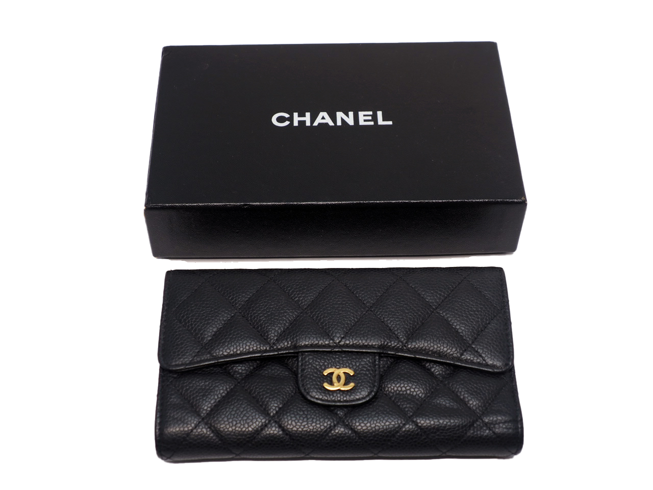 Chanel 16826545 Black Caviar A31506 Timeless Classic Flap Long Wallet 6 Cards Bi-fold Gold Hardware