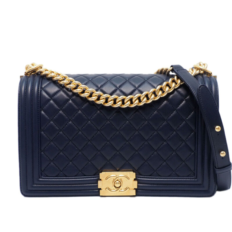 BRAND NEW ! 15A Chanel 21274041 A92193Y Navy Blue Lambskin Large Boy Chanel Gold-Tone Metal Bag