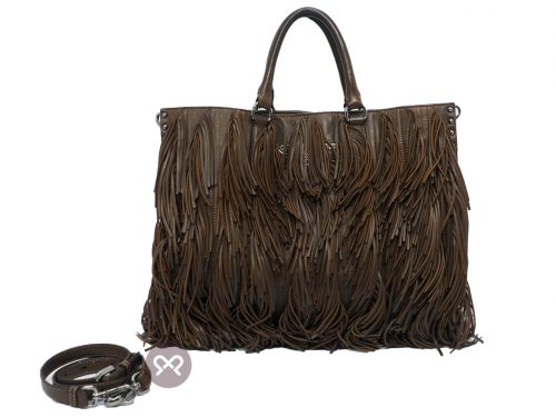 Prada Noce BN1509 Brown Fringed Leather Large Tote Bag with Strap
