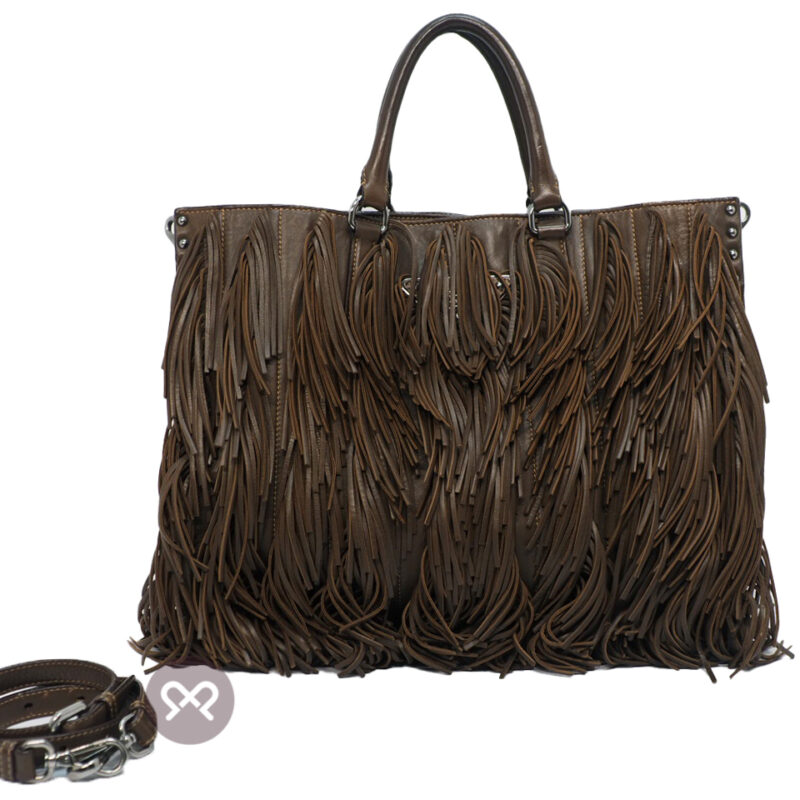 Prada Noce BN1509 Brown Fringed Leather Large Tote Bag with Strap