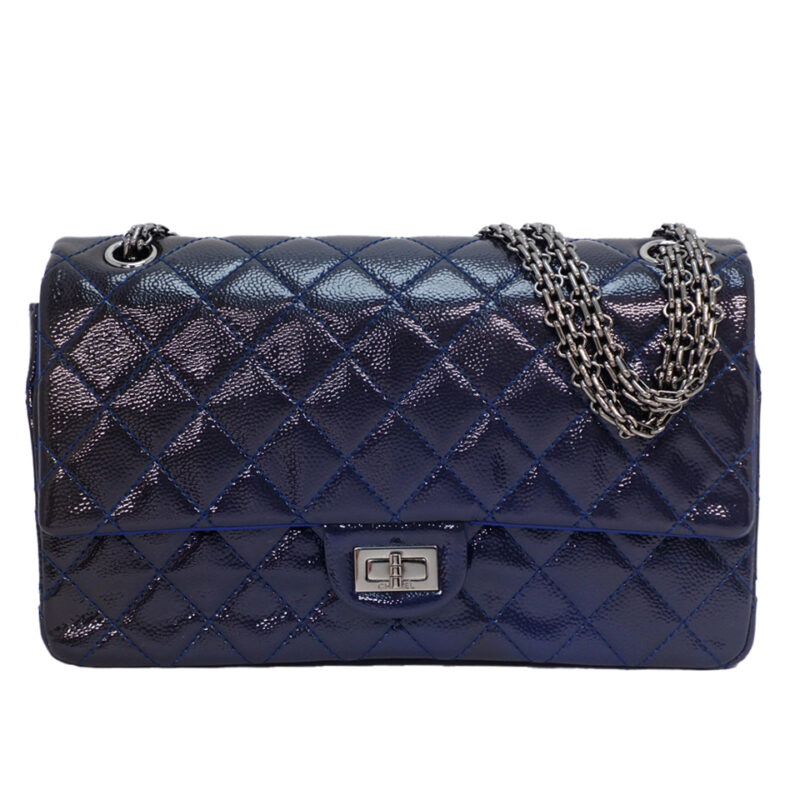 Limited Edition ! Chanel 2.55 Reissue 226 Patent Caviar Leather Navy Blue/ Electric Blue 28cm Medium Ruthenium Hardware