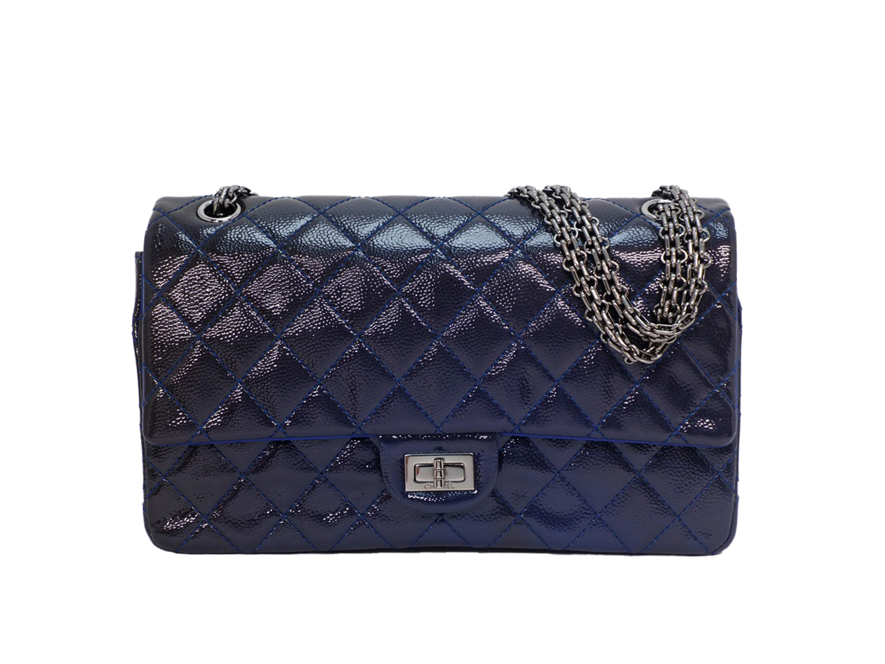Limited Edition ! Chanel 2.55 Reissue 226 Patent Caviar Leather Navy Blue/ Electric Blue 28cm Medium Ruthenium Hardware