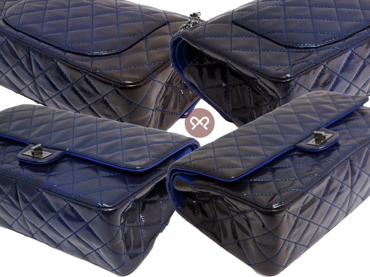 Limited Edition ! Chanel 2.55 Reissue 226 Patent Caviar Leather Navy Blue/ Electric Blue 28cm Medium Ruthenium Hardware - Image 8