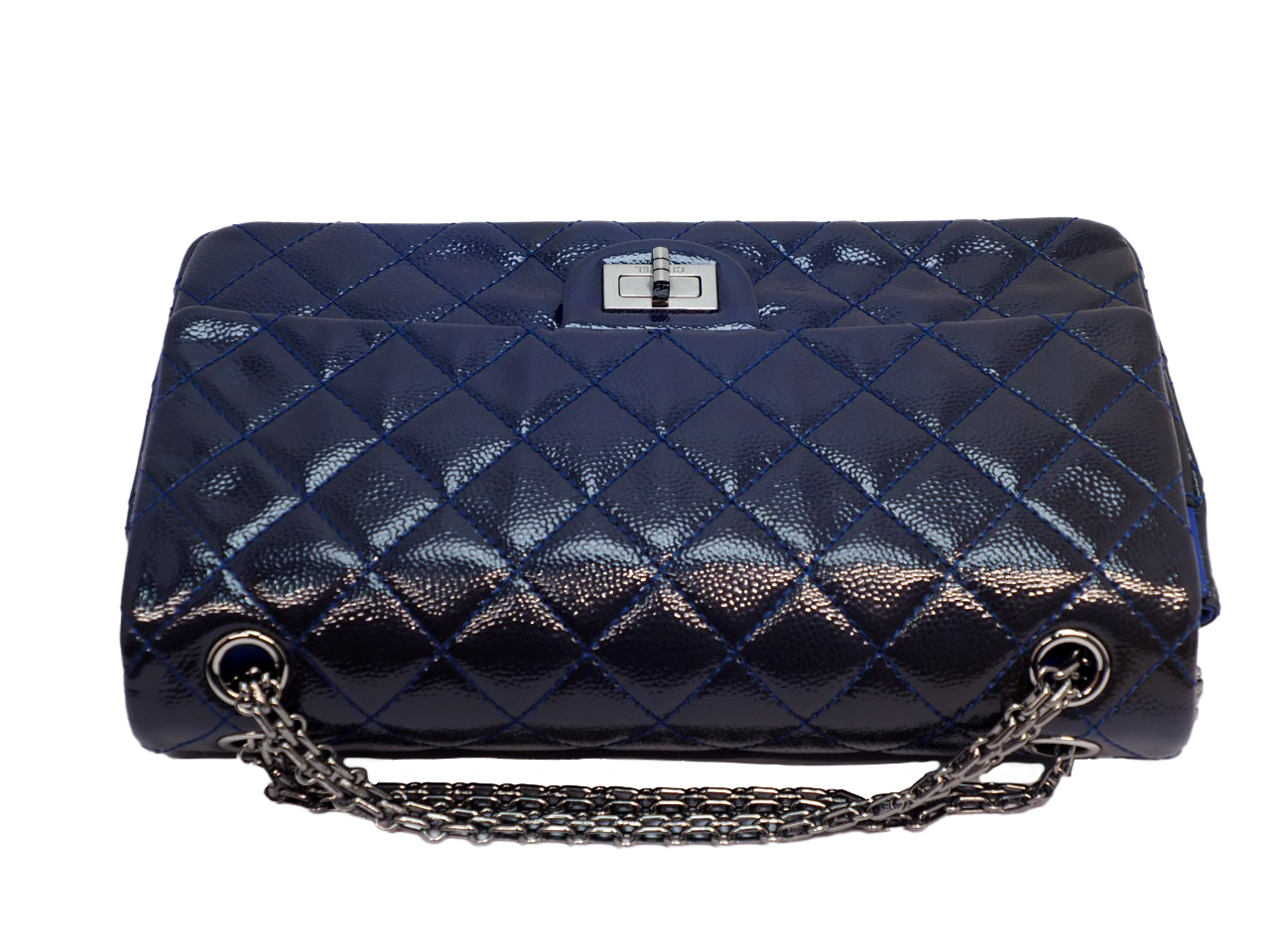 Limited Edition ! Chanel 2.55 Reissue 226 Patent Caviar Leather Navy Blue/ Electric Blue 28cm Medium Ruthenium Hardware - Image 6