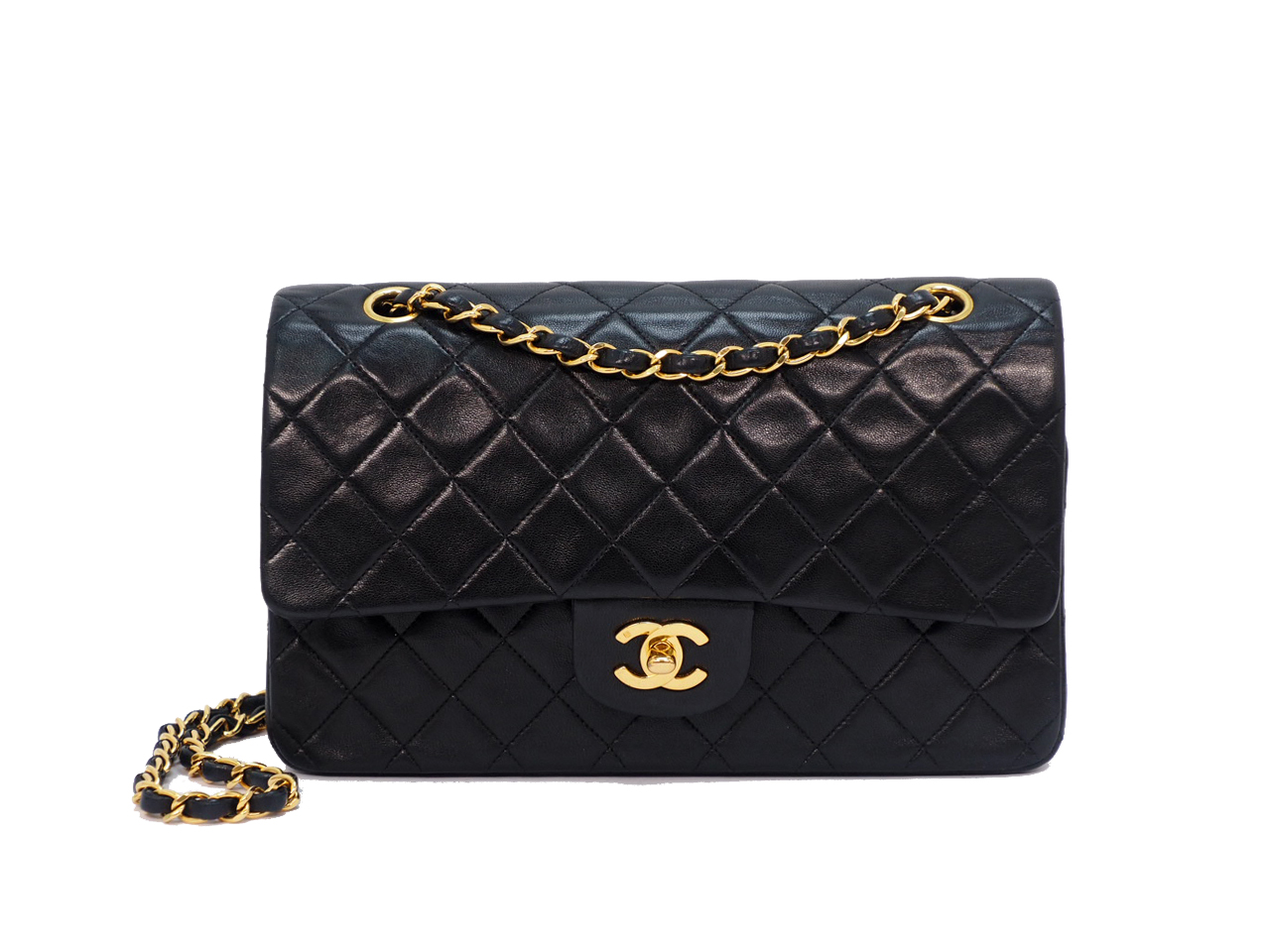 Chanel 2462096 Vintage Black Lambskin Quilted Medium Flap Gold Hardware 2-way Bag