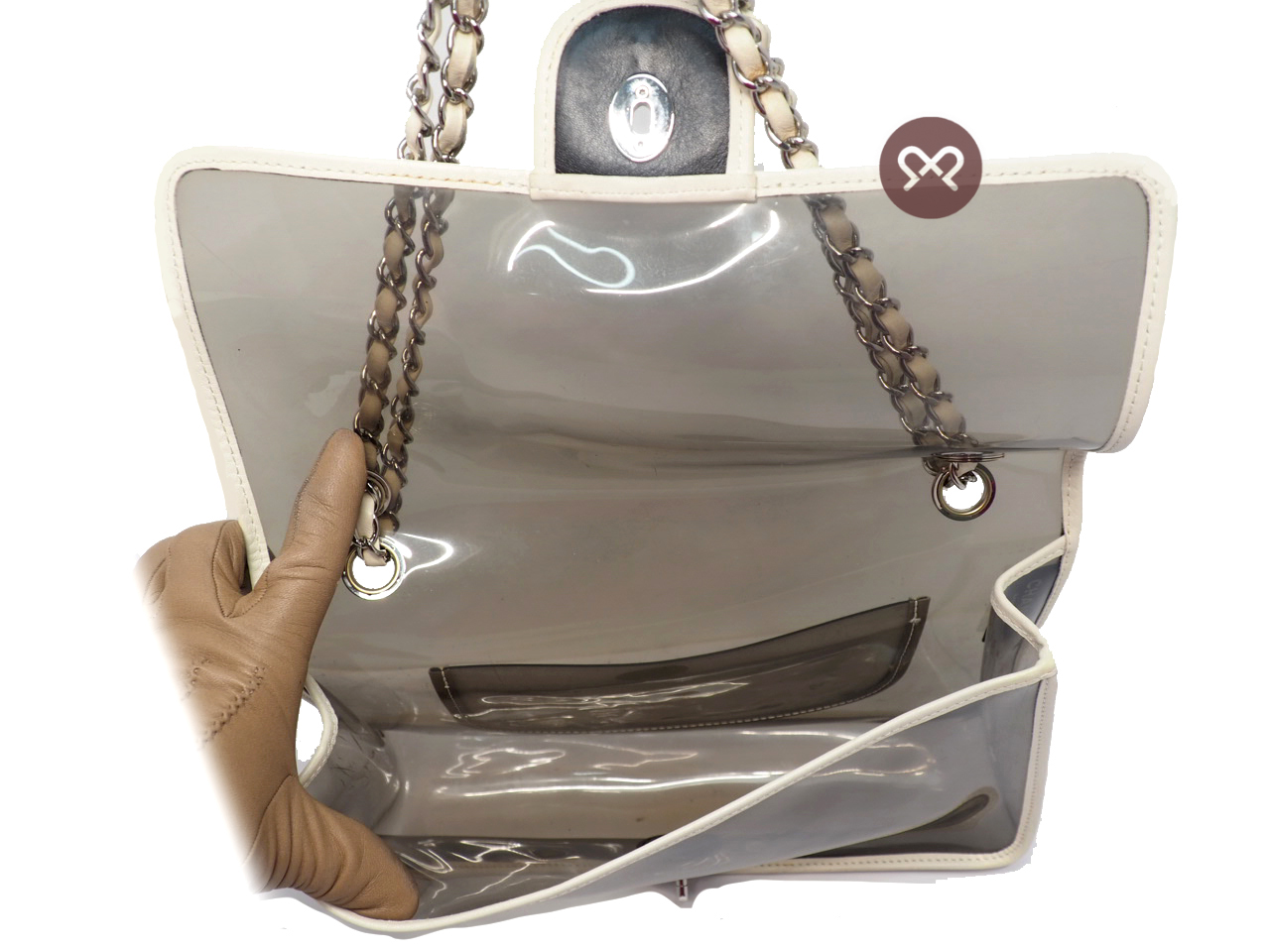 CHANEL 12743582 Beige/ White Heart CC Vinyl/ Lambskin Transparent 28cm Classic Flap Shoulder Bag - Image 7