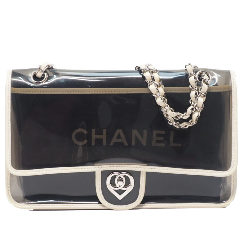 CHANEL 12743582 Beige/ White Heart CC Vinyl/ Lambskin Transparent 28cm Classic Flap Shoulder Bag