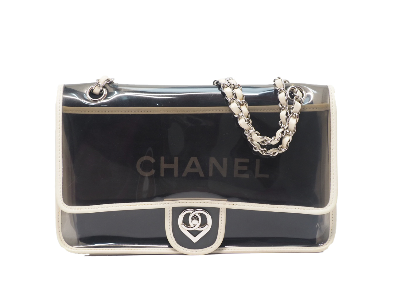 CHANEL 12743582 Beige/ White Heart CC Vinyl/ Lambskin Transparent 28cm Classic Flap Shoulder Bag