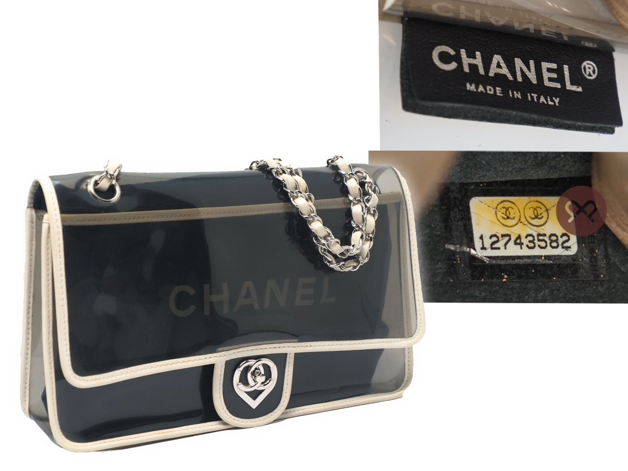 CHANEL 12743582 Beige/ White Heart CC Vinyl/ Lambskin Transparent 28cm Classic Flap Shoulder Bag - Image 2