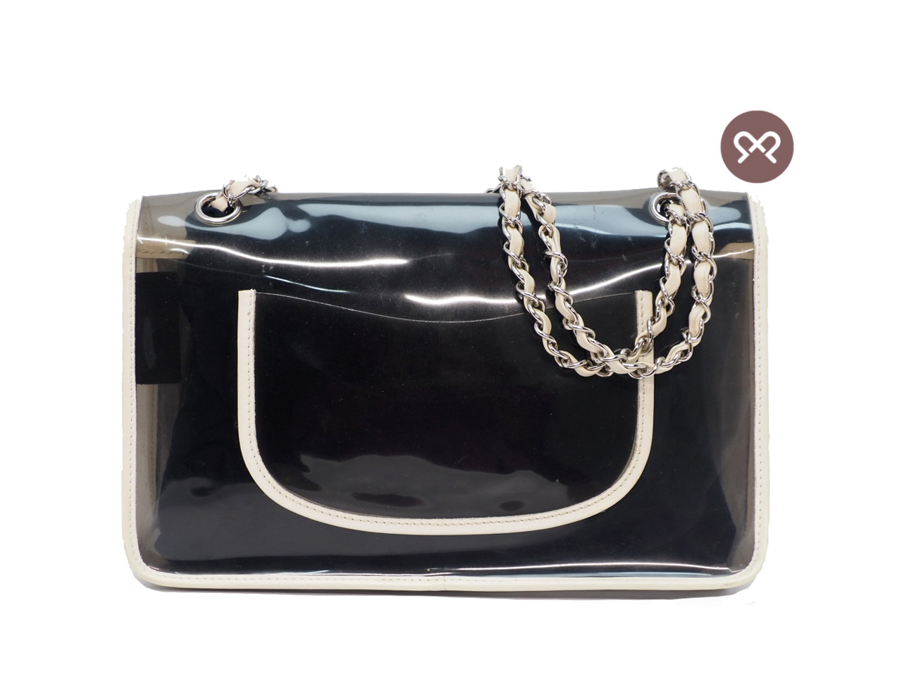 CHANEL 12743582 Beige/ White Heart CC Vinyl/ Lambskin Transparent 28cm Classic Flap Shoulder Bag - Image 3