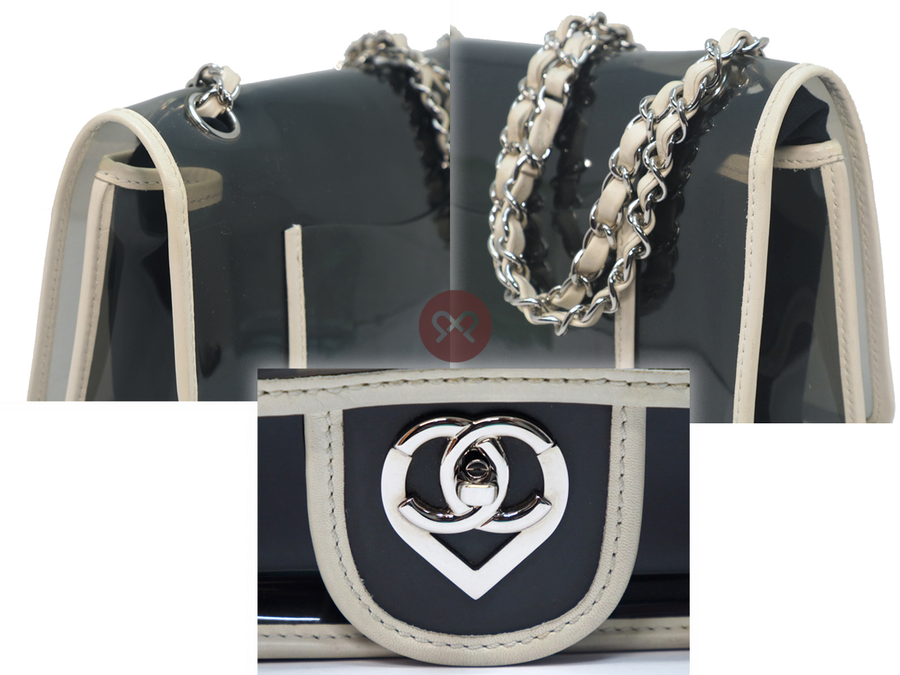 CHANEL 12743582 Beige/ White Heart CC Vinyl/ Lambskin Transparent 28cm Classic Flap Shoulder Bag - Image 5