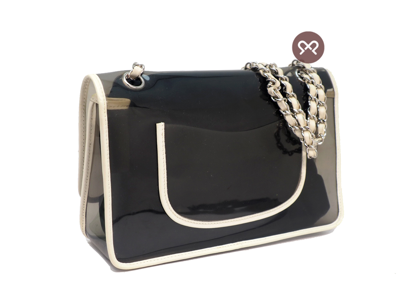 CHANEL 12743582 Beige/ White Heart CC Vinyl/ Lambskin Transparent 28cm Classic Flap Shoulder Bag - Image 4