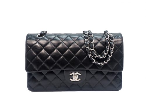 CHANEL 13834062 Black Lambskin Medium Classic Flap Silver Hardware- 25cm