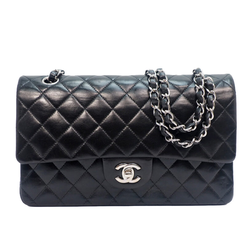 CHANEL 13834062 Black Lambskin Medium Classic Flap Silver Hardware- 25cm