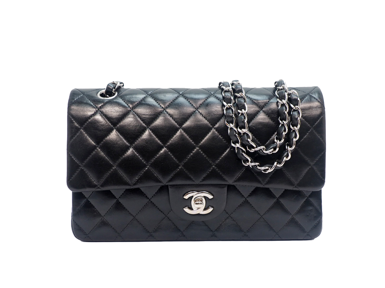 CHANEL 13834062 Black Lambskin Medium Classic Flap Silver Hardware- 25cm
