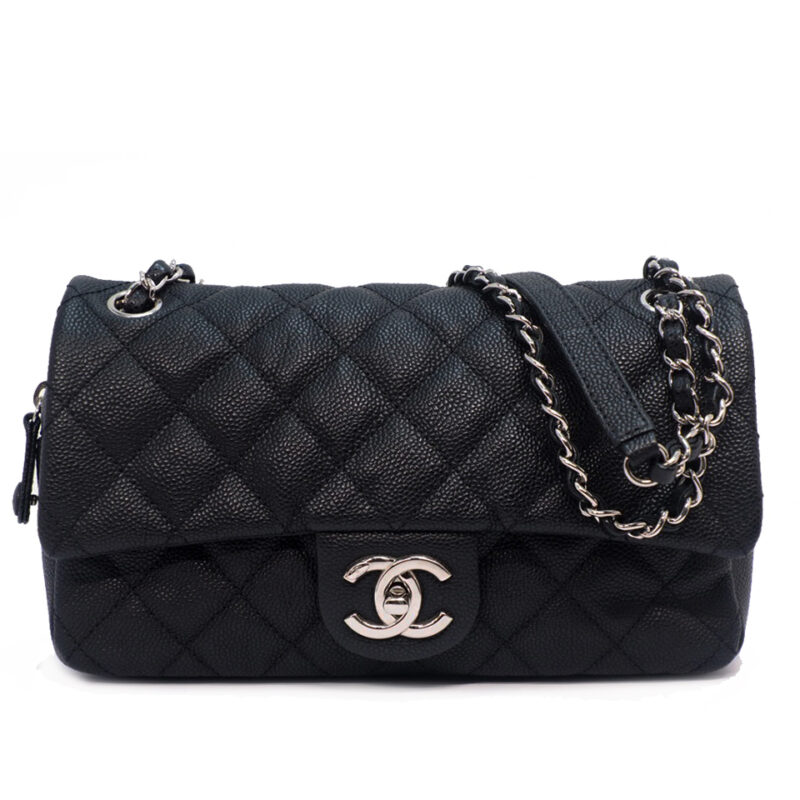 Chanel 17940684 Black Distressed Caviar 25cm Small Easy Flap  Silver Chain bag