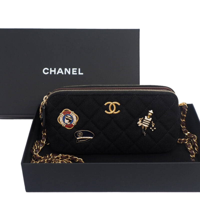 CHANEL 26236253 Limited Collection Black Jersey Charms Zip-Top Wallet on Chain Shoulder bag