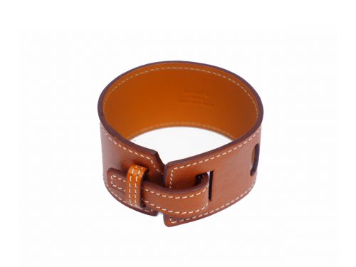 HERMES Brown/ Gold Leather □P Bracelet/ Bangle XS Size
