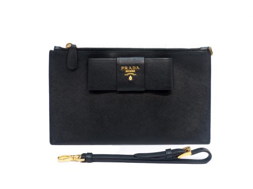 Prada 1M1441 Black Nero Saffiano Leather Wallet/ Wristlet Pochette Bag