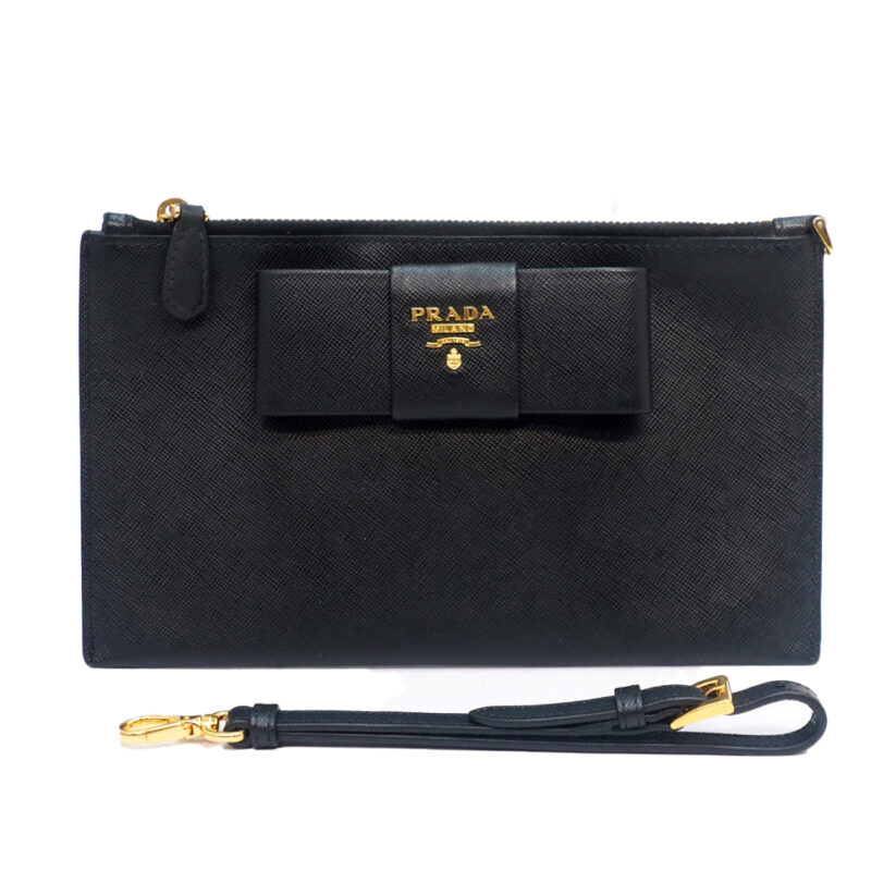 Prada 1M1441 Black Nero Saffiano Leather Wallet/ Wristlet Pochette Bag