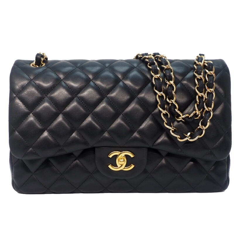 Chanel 14980709 Black Lambskin A58600 Classic Jumbo Double Flap 30cm Gold Hardware Bag