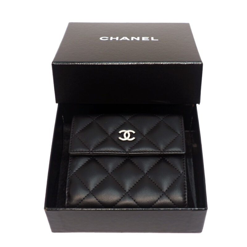 Brand New ! Chanel 17275147 Black Lambskin Leather Classic Small Flap Compact Wallet Silver Hardware