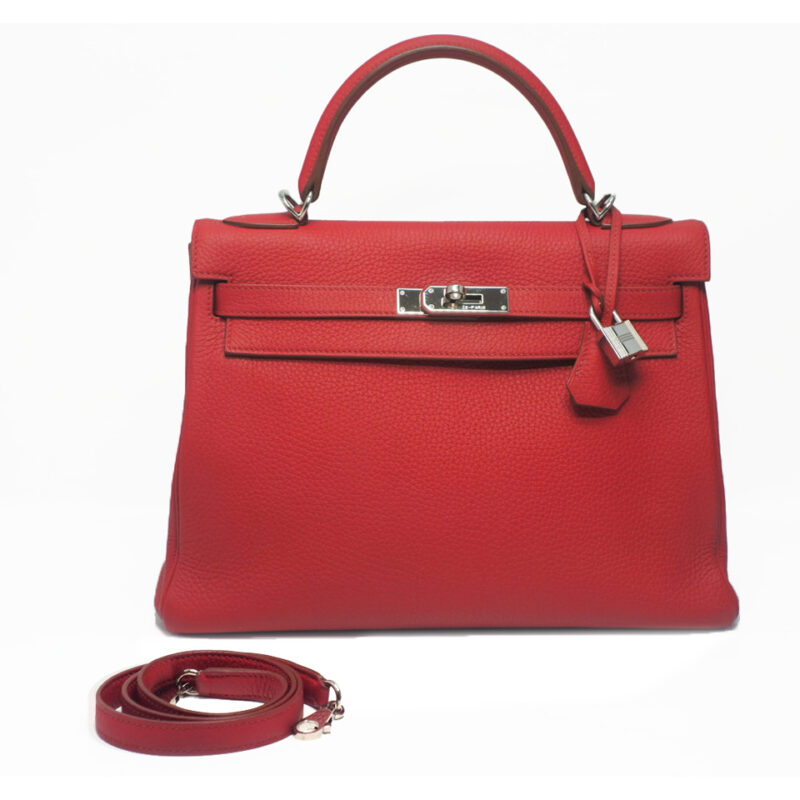 Hermes Kelly 32 Retourne P Stamp Rouge Garance Clemence Gold Palladium Hardware Tote/ Shoulder Bag