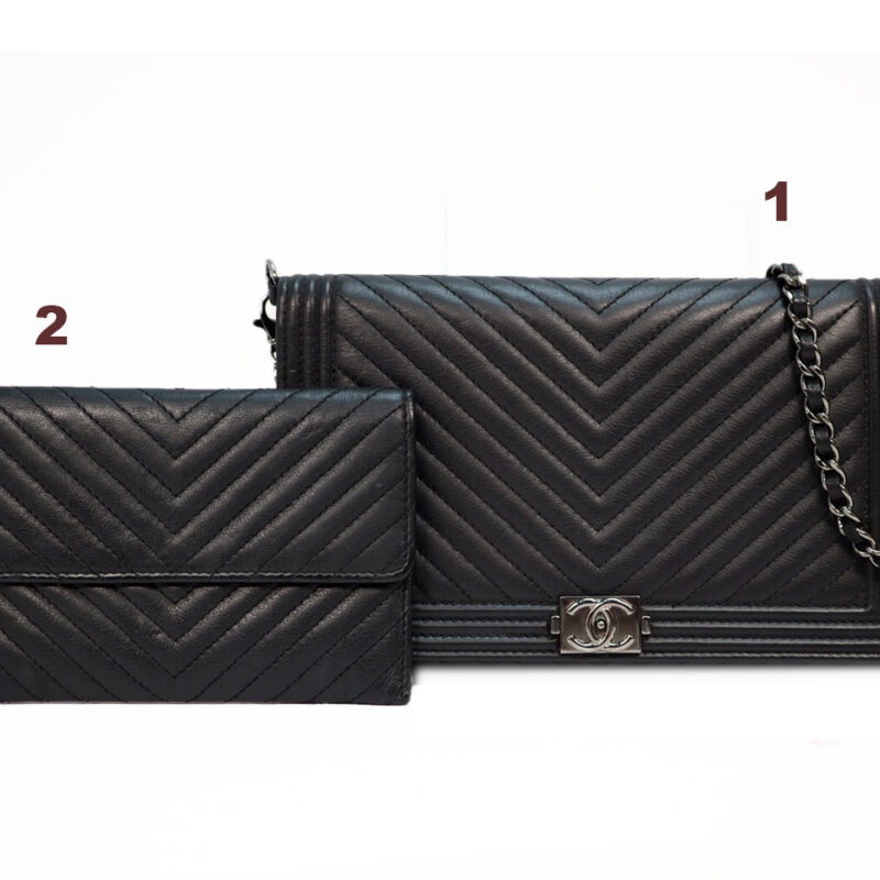 CHANEL 21007502 Black Lambskin Boy Chevron Pouch/ Wallet Short Chain Bag