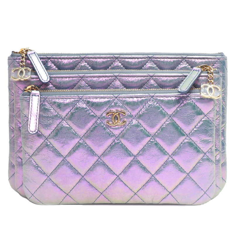 Limited Edition ! Chanel 27883356 Iridescent Crumpled Calfskin ( 3 pouches) Multi Pouch/ Clutch