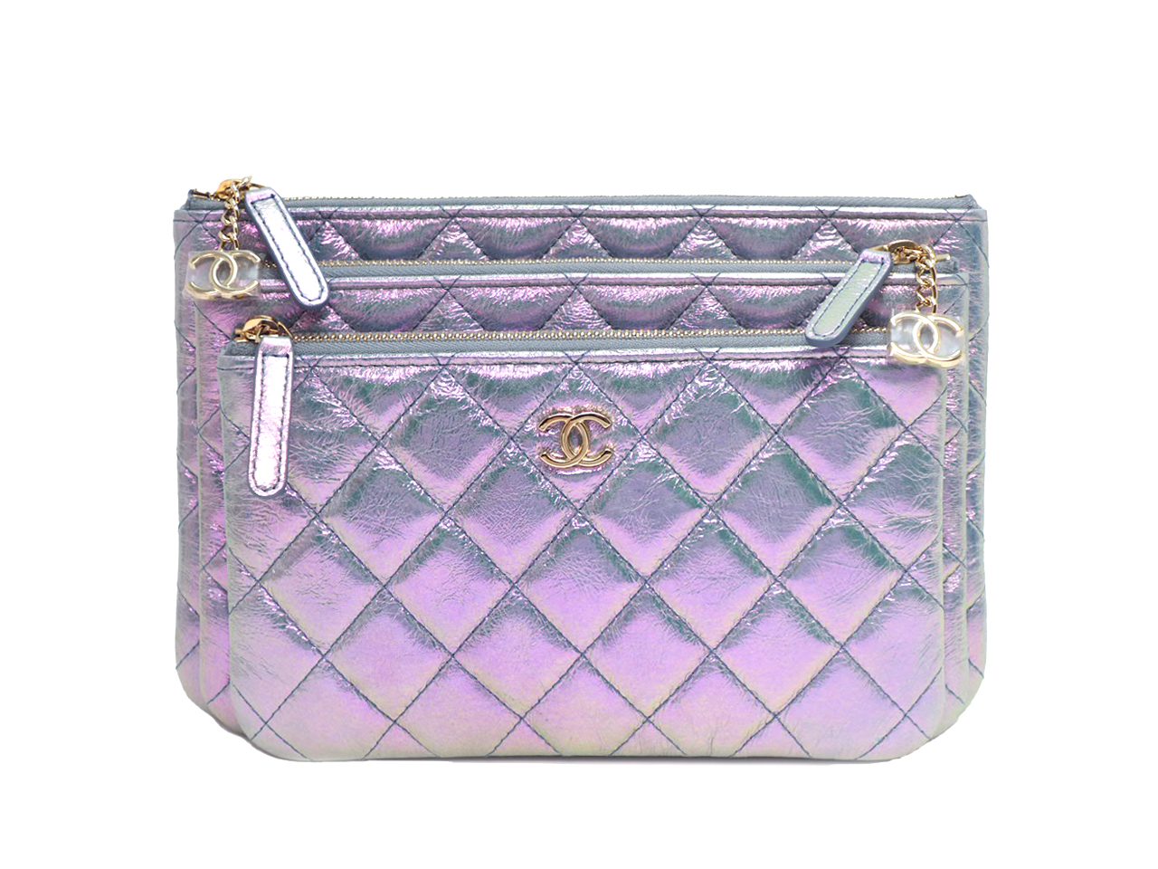 Limited Edition ! Chanel 27883356 Iridescent Crumpled Calfskin ( 3 pouches) Multi Pouch/ Clutch