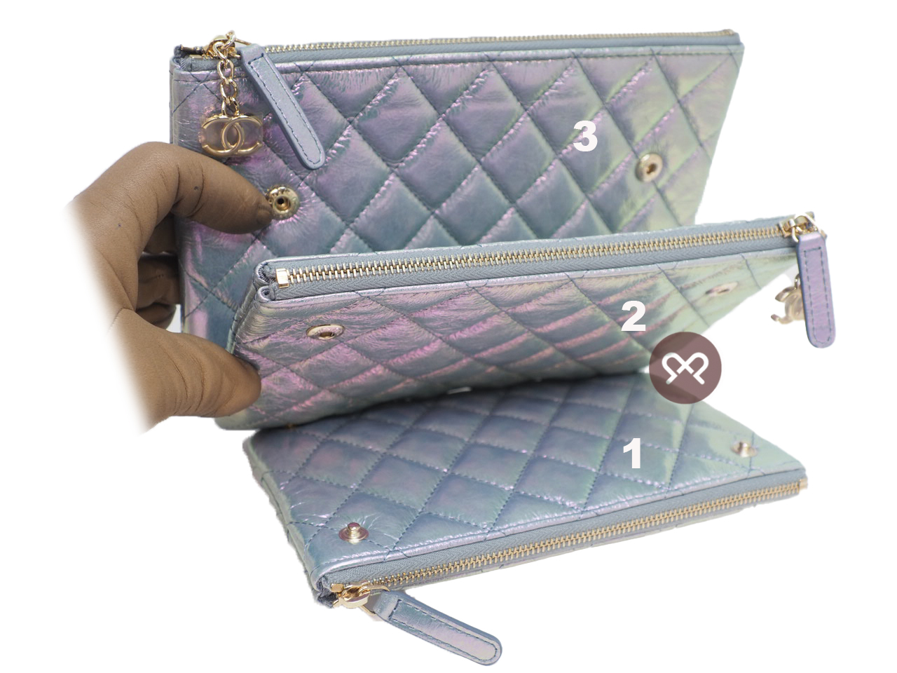 Limited Edition ! Chanel 27883356 Iridescent Crumpled Calfskin ( 3 pouches) Multi Pouch/ Clutch - Image 6