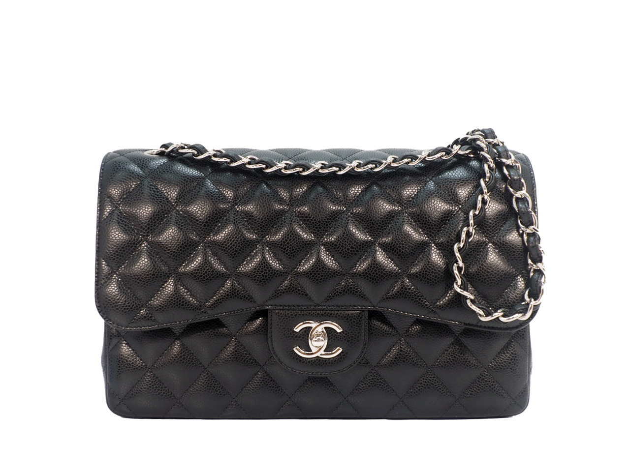 Chanel 26092207 30cm Black Caviar Leather Large Classic Flap Silver Hardware