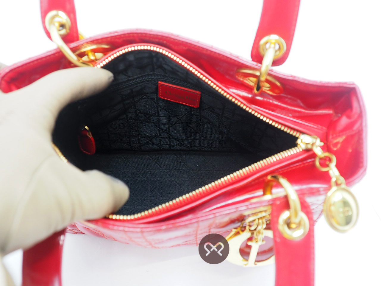 Dior MEDIUM Lady Dior Signature Classic Red Patent Gold Hardware - Image 7