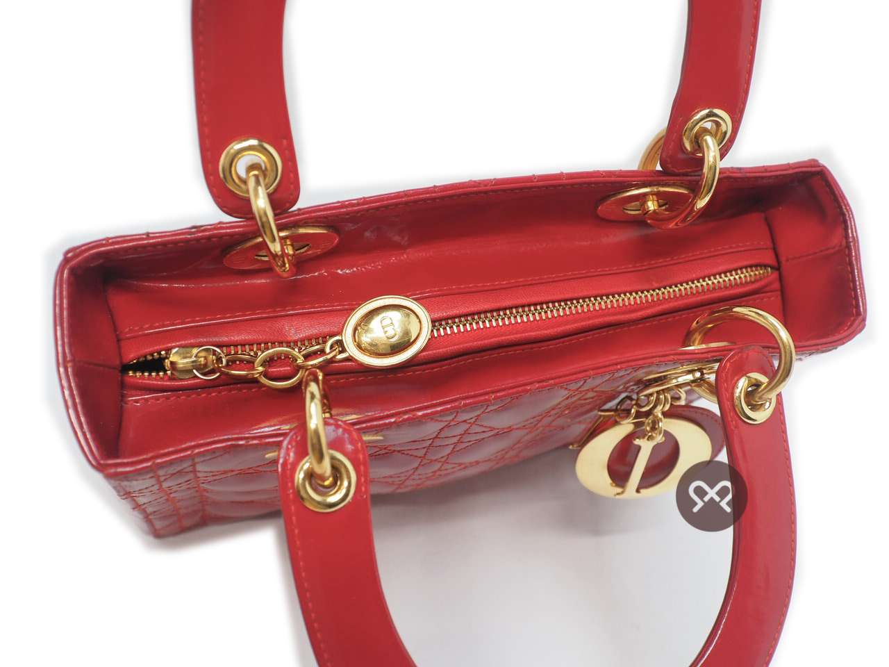 Dior MEDIUM Lady Dior Signature Classic Red Patent Gold Hardware - Image 6