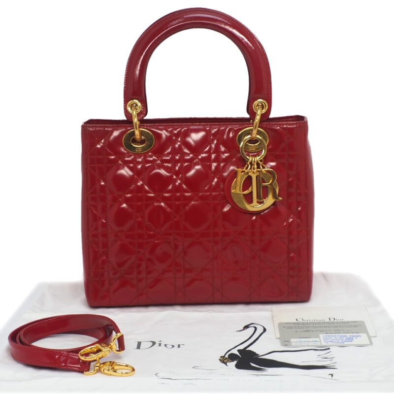 Dior MEDIUM Lady Dior Signature Classic Red Patent Gold Hardware