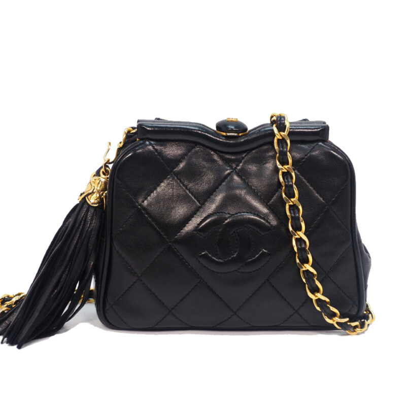 Chanel 1869897 Vintage Black Quilted Lambskin Mini Fringe Bag Gold Hardware