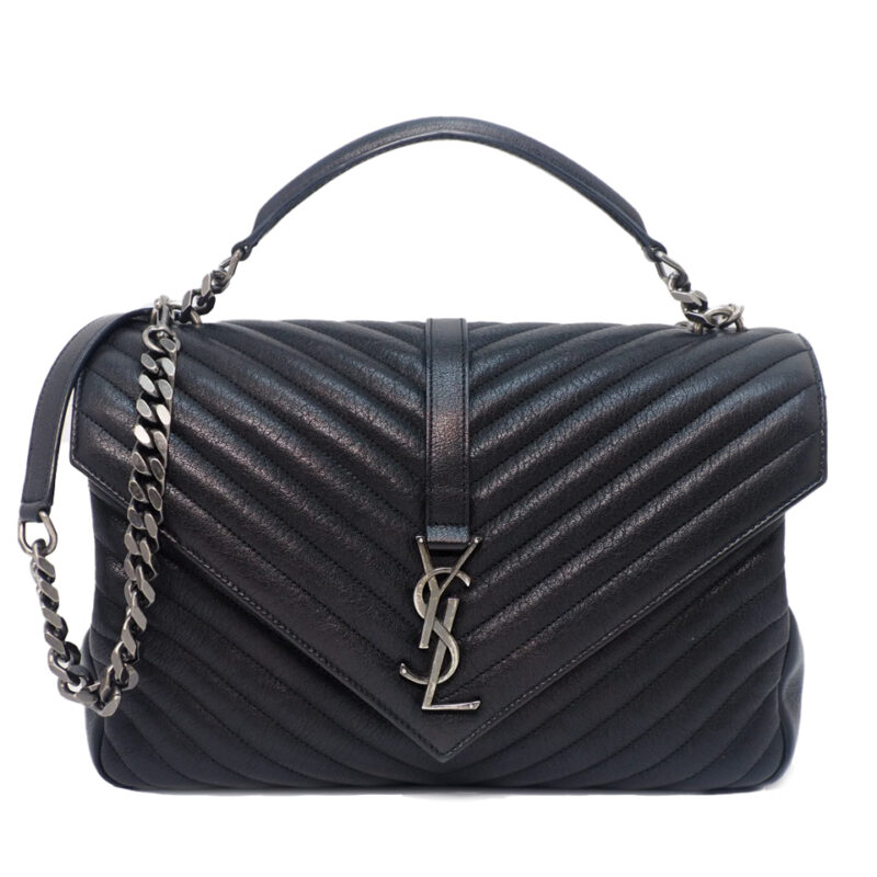 YSL Saint Laurent 487212 College Large Black Quilted Textured-Leather Top Handle Shoulder Bag