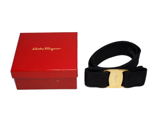 Ferragamo 40mm Nero/ Black Leather/ Canvas Vara Bow Vera Bow Belt XS Size
