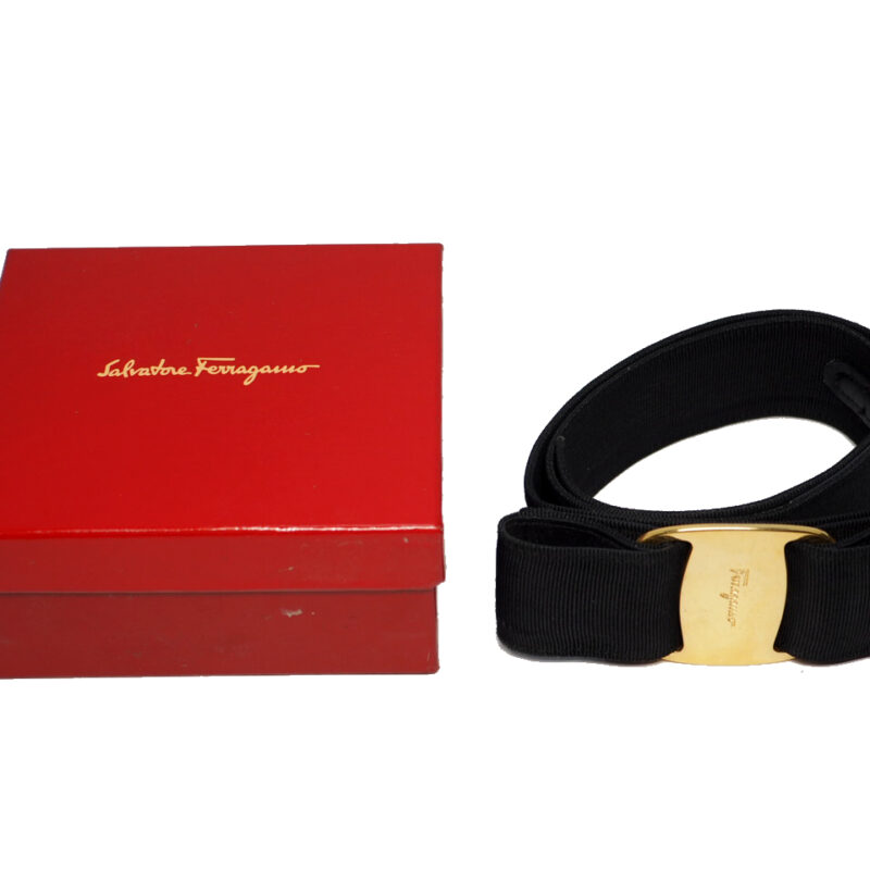 Ferragamo 40mm Nero/ Black Leather/ Canvas Vara Bow Vera Bow Belt XS Size