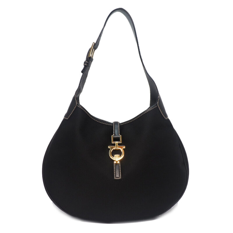 Ferragamo AU-21/2421 Black Canvas/ Calfskin Hobo Gold Hardware Shoulder Bag