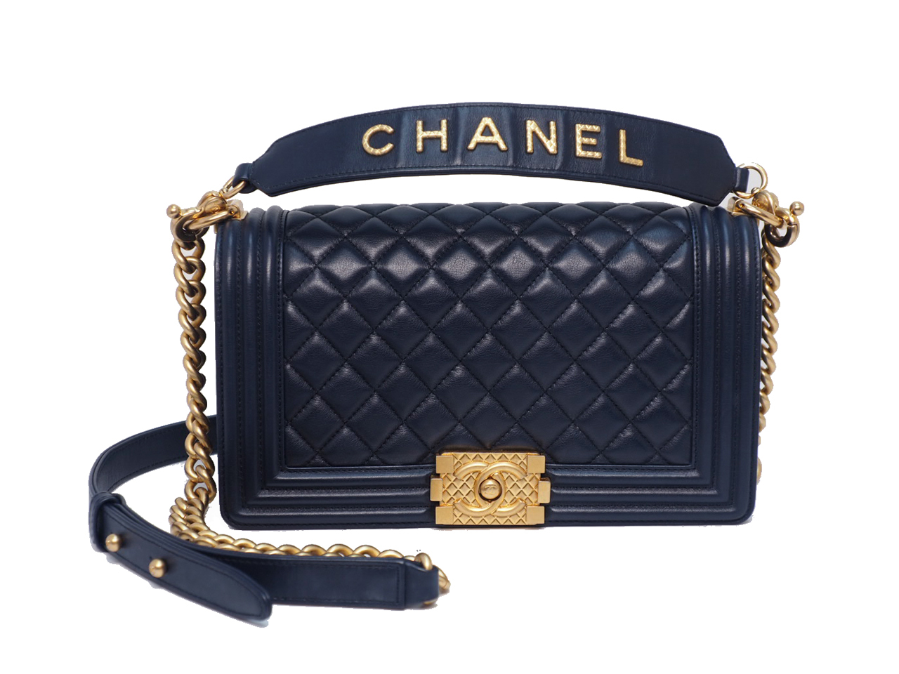 Chanel 30650105 Navy Blue Lambskin Medium Boy Chanel 25cm Gold-Tone Hardware