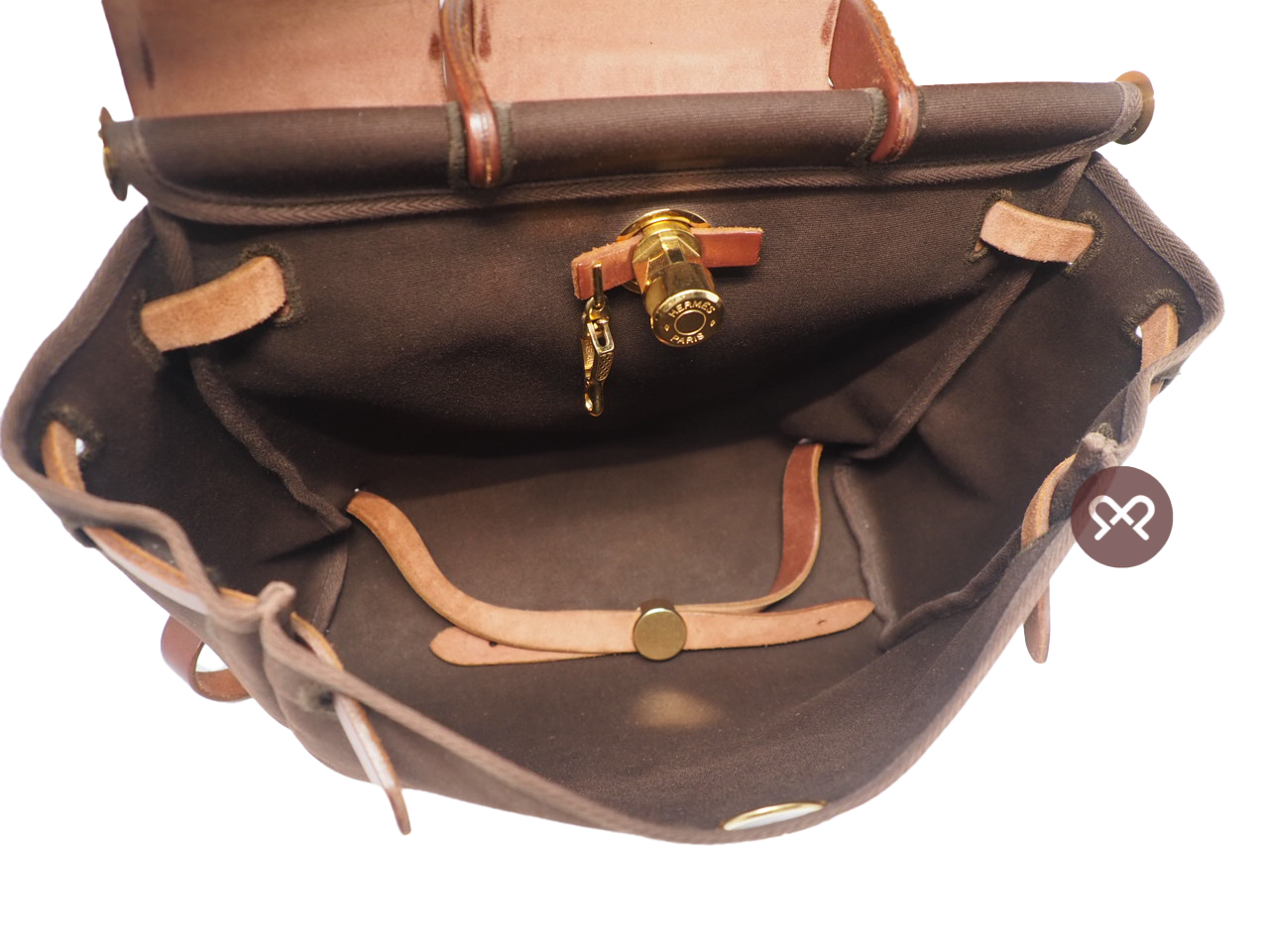 Hermes Herbag Brown/ Beige Calf F Stamp Canvas x 2 Backpack/ Tote/ Shoulder Bag 3-in-1 Gold Hardware - Image 9