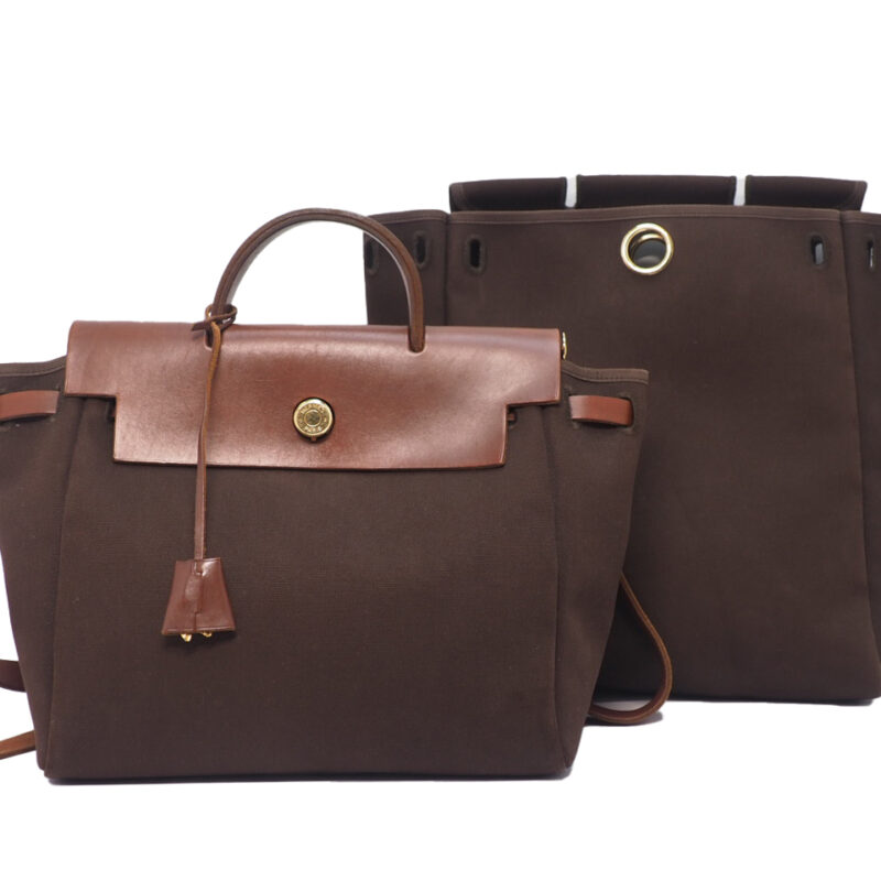 Hermes Herbag Brown/ Beige Calf F Stamp Canvas x 2 Backpack/ Tote/ Shoulder Bag 3-in-1 Gold Hardware