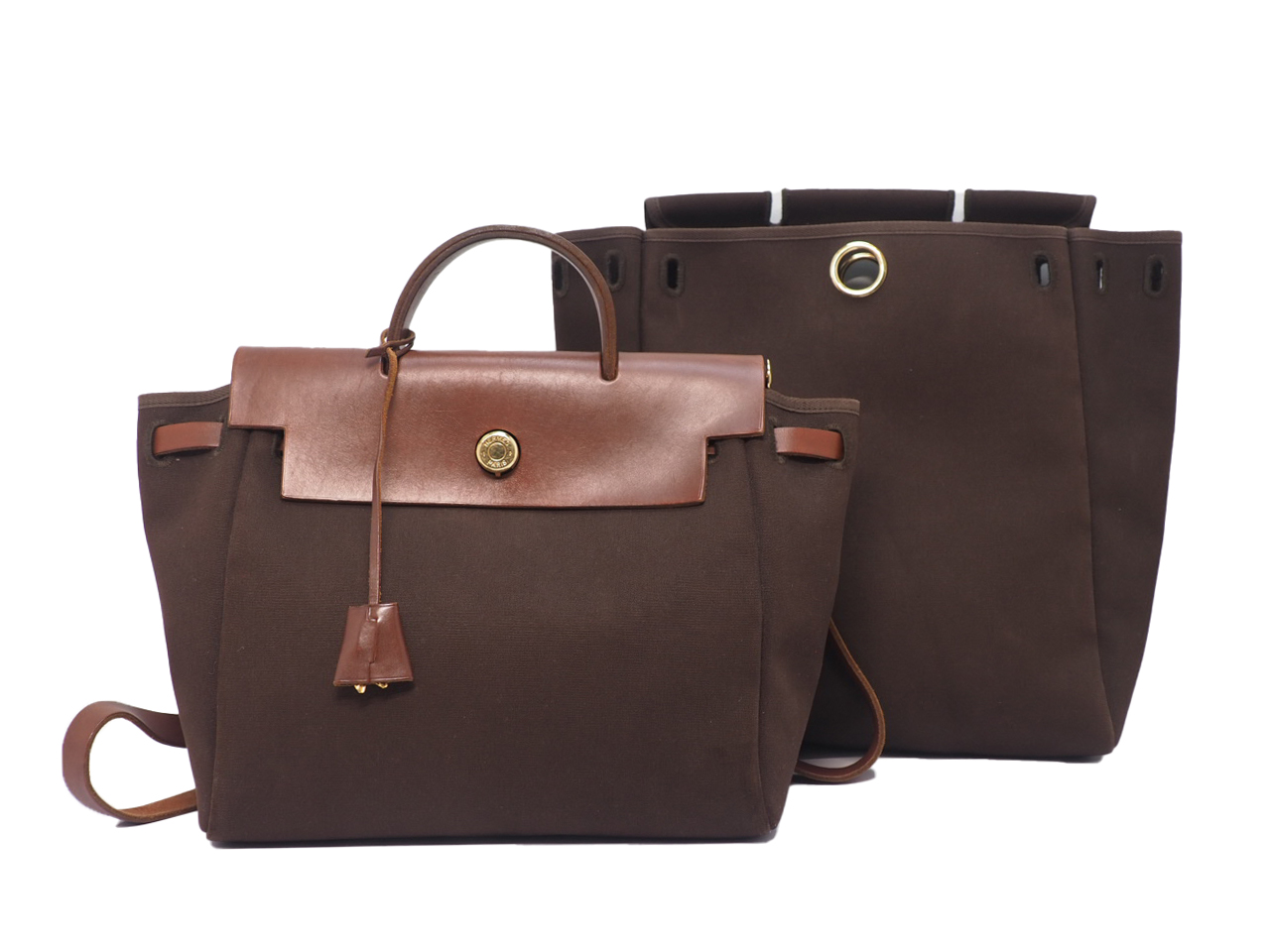 Hermes Herbag Brown/ Beige Calf F Stamp Canvas x 2 Backpack/ Tote/ Shoulder Bag 3-in-1 Gold Hardware