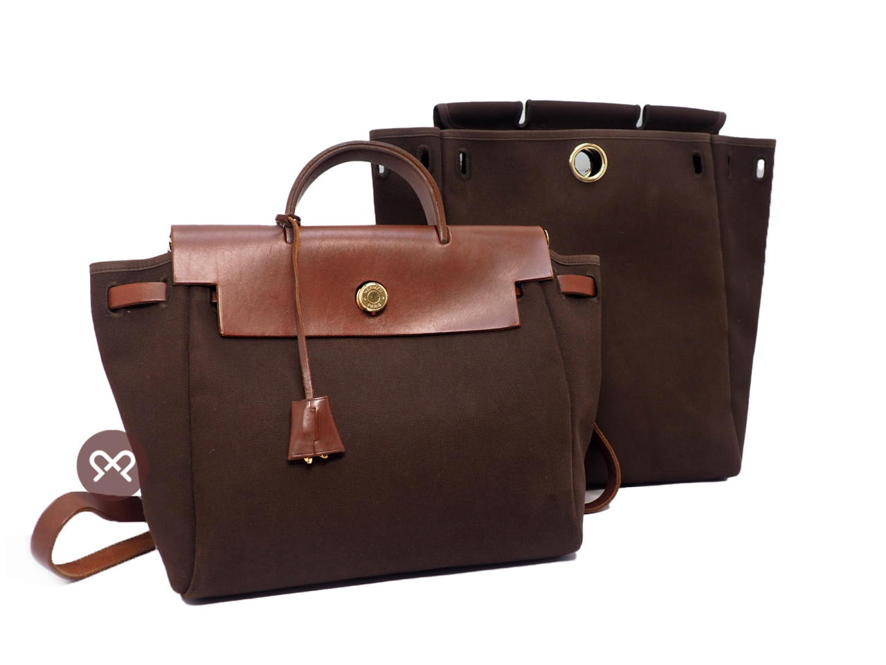 Hermes Herbag Brown/ Beige Calf F Stamp Canvas x 2 Backpack/ Tote/ Shoulder Bag 3-in-1 Gold Hardware - Image 2