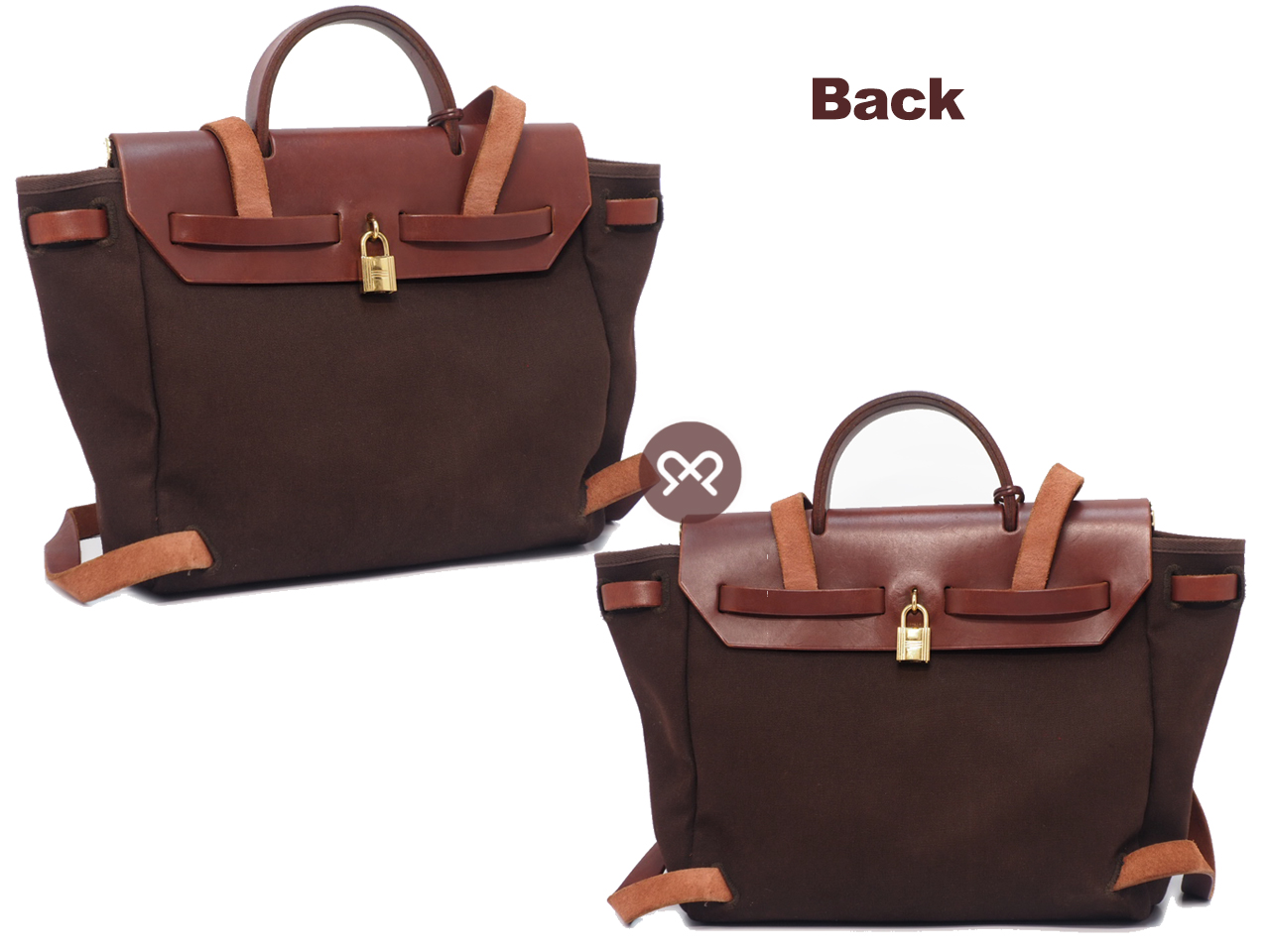 Hermes Herbag Brown/ Beige Calf F Stamp Canvas x 2 Backpack/ Tote/ Shoulder Bag 3-in-1 Gold Hardware - Image 4