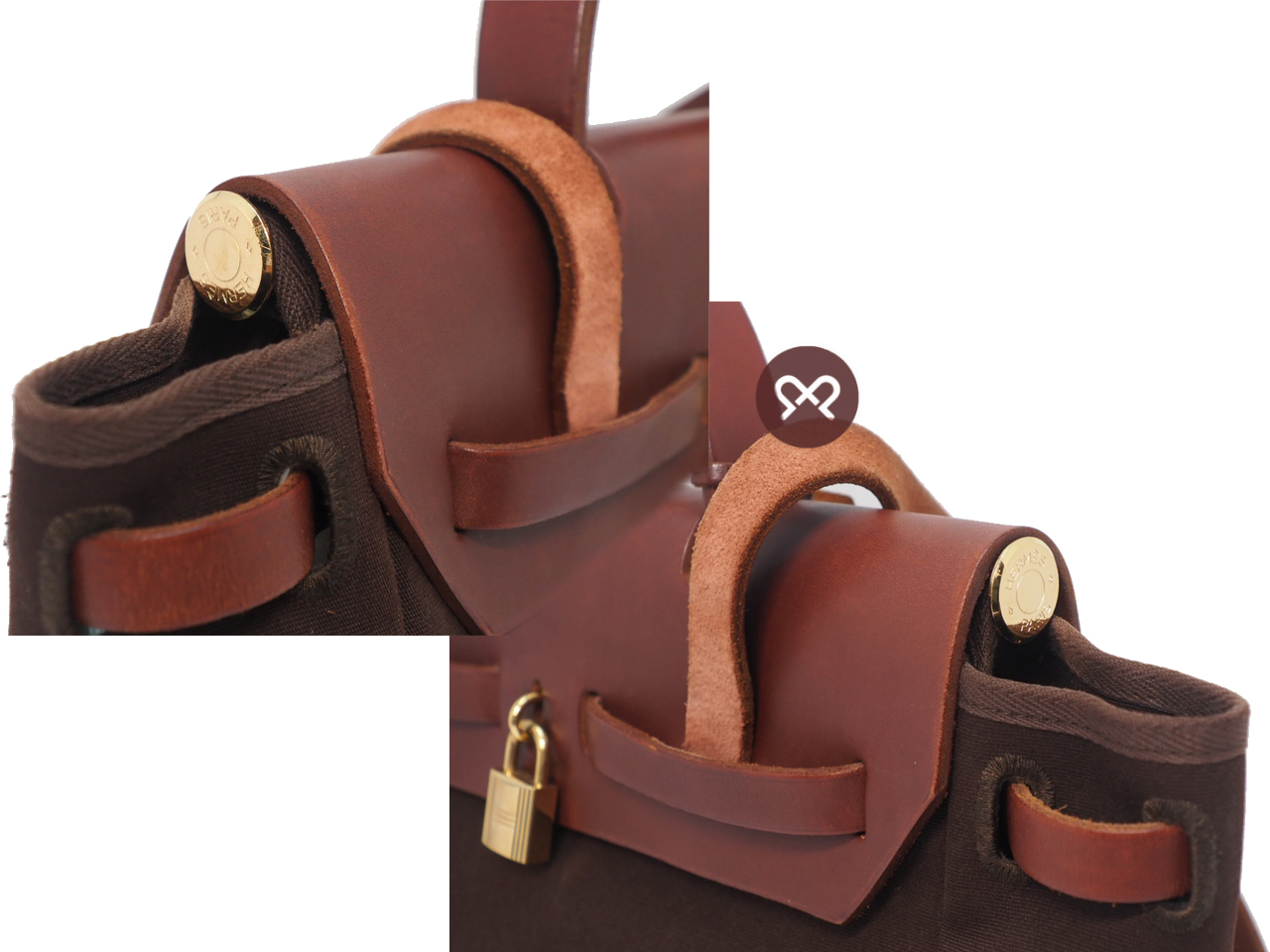 Hermes Herbag Brown/ Beige Calf F Stamp Canvas x 2 Backpack/ Tote/ Shoulder Bag 3-in-1 Gold Hardware - Image 5
